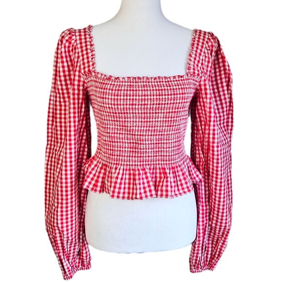 byTiMo Gingham Cropped Milkmaid Blouse Womens Medium Smocked Cottagecore Western - Picture 1 of 8